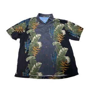 Tommy Bahama Size XL 100% Silk Aloha Black Banana Leaves Yellow Blue Flowers